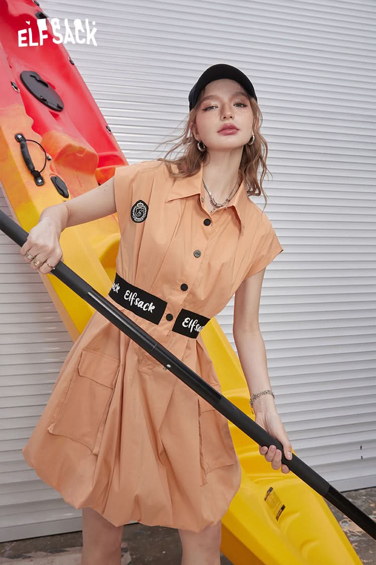 ELFSACK Orange lapel letter embroidered belt waist slimming temperament fluffy dress