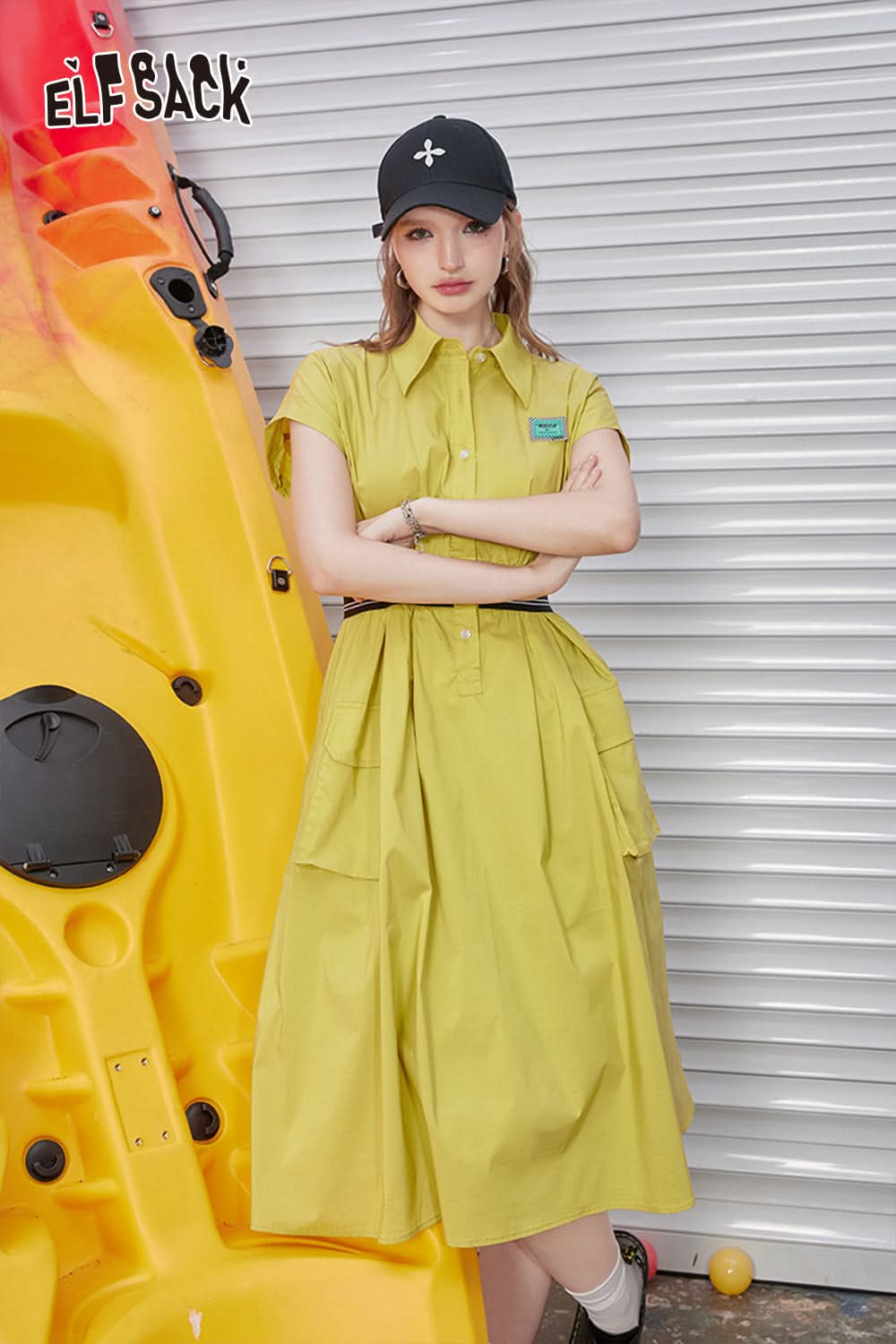 ELFSACK Work style waist cinched sleeveless dress with feminine temperament and casual A-line shirt skirt