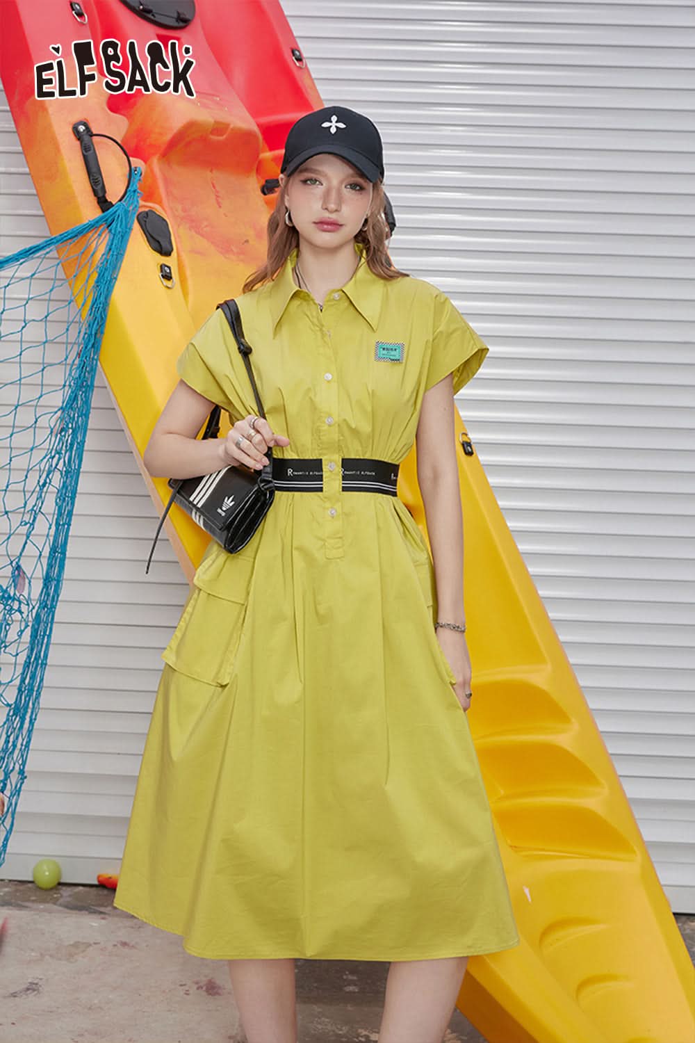 ELFSACK Work style waist cinched sleeveless dress with feminine temperament and casual A-line shirt skirt