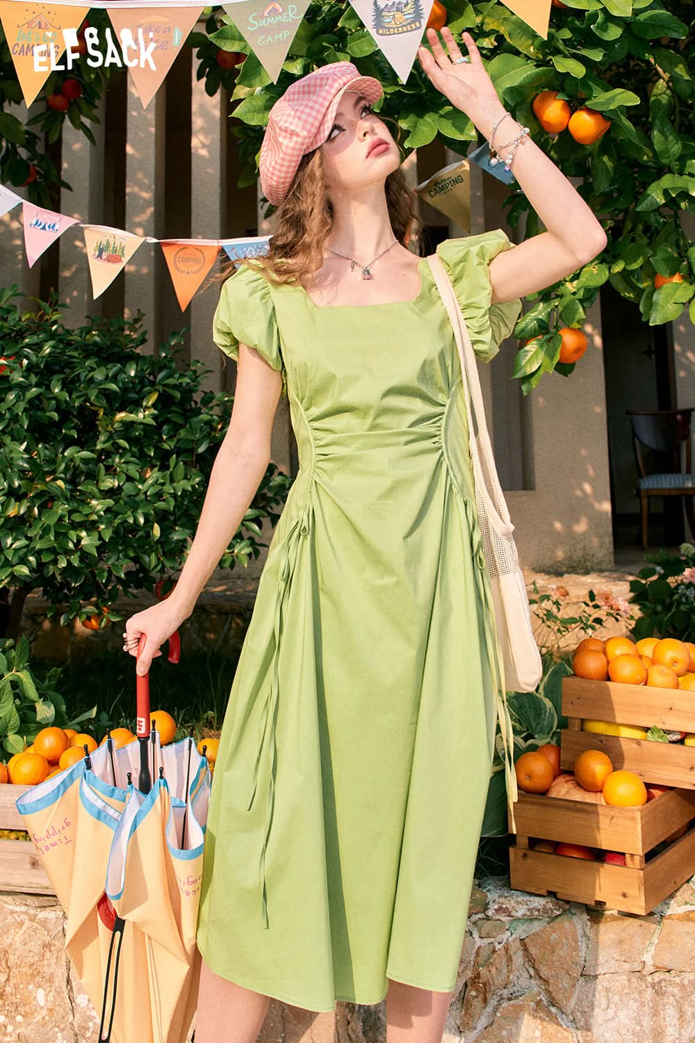 ELFSACK Green French Square Neck Waisted Temperament Plaid Puff Sleeve Dress