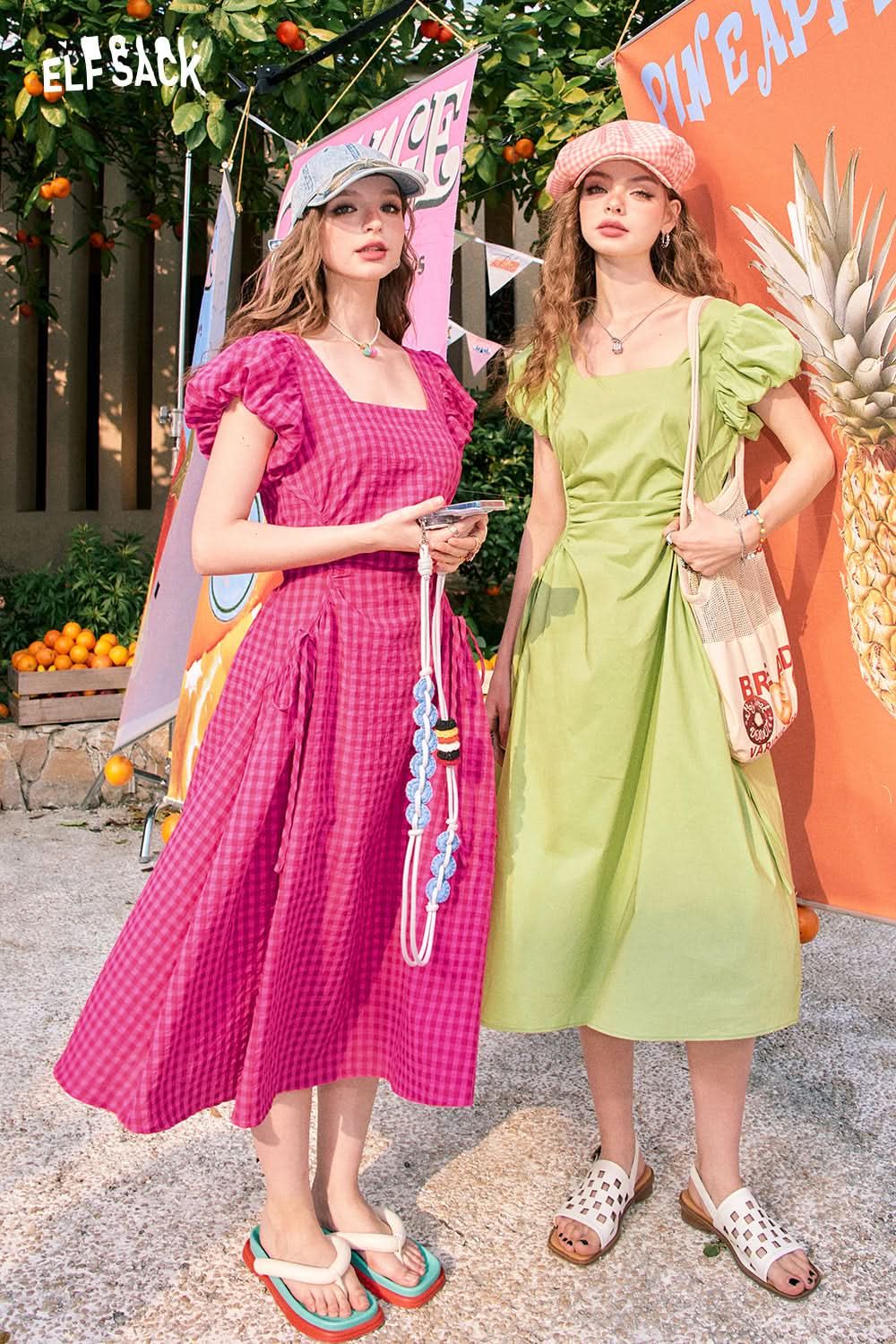 ELFSACK Green French Square Neck Waisted Temperament Plaid Puff Sleeve Dress