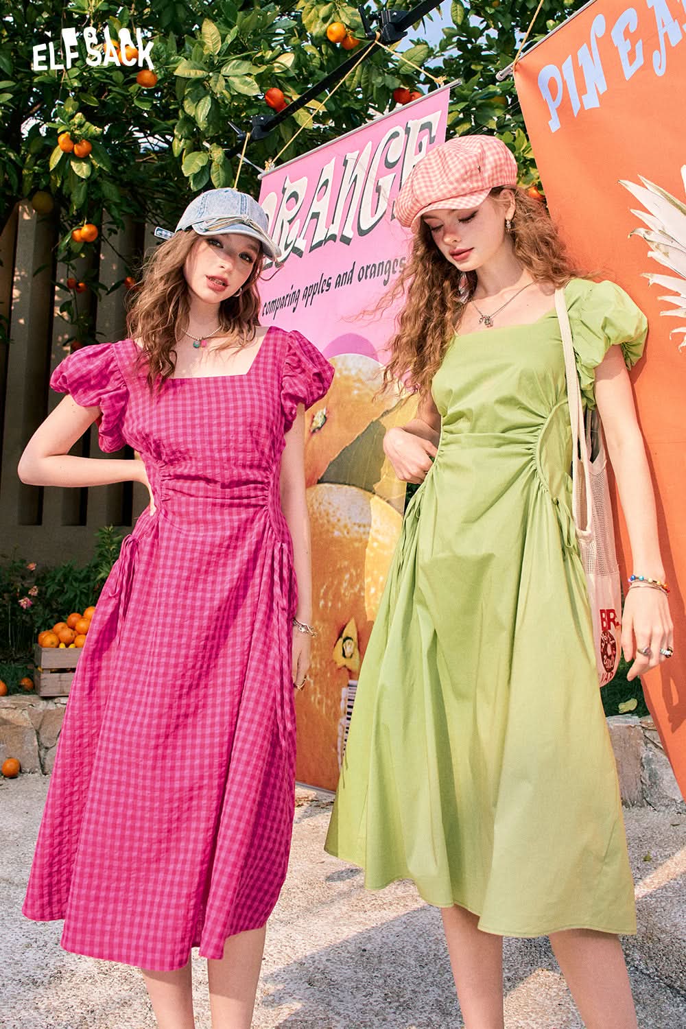 ELFSACK Green French Square Neck Waisted Temperament Plaid Puff Sleeve Dress