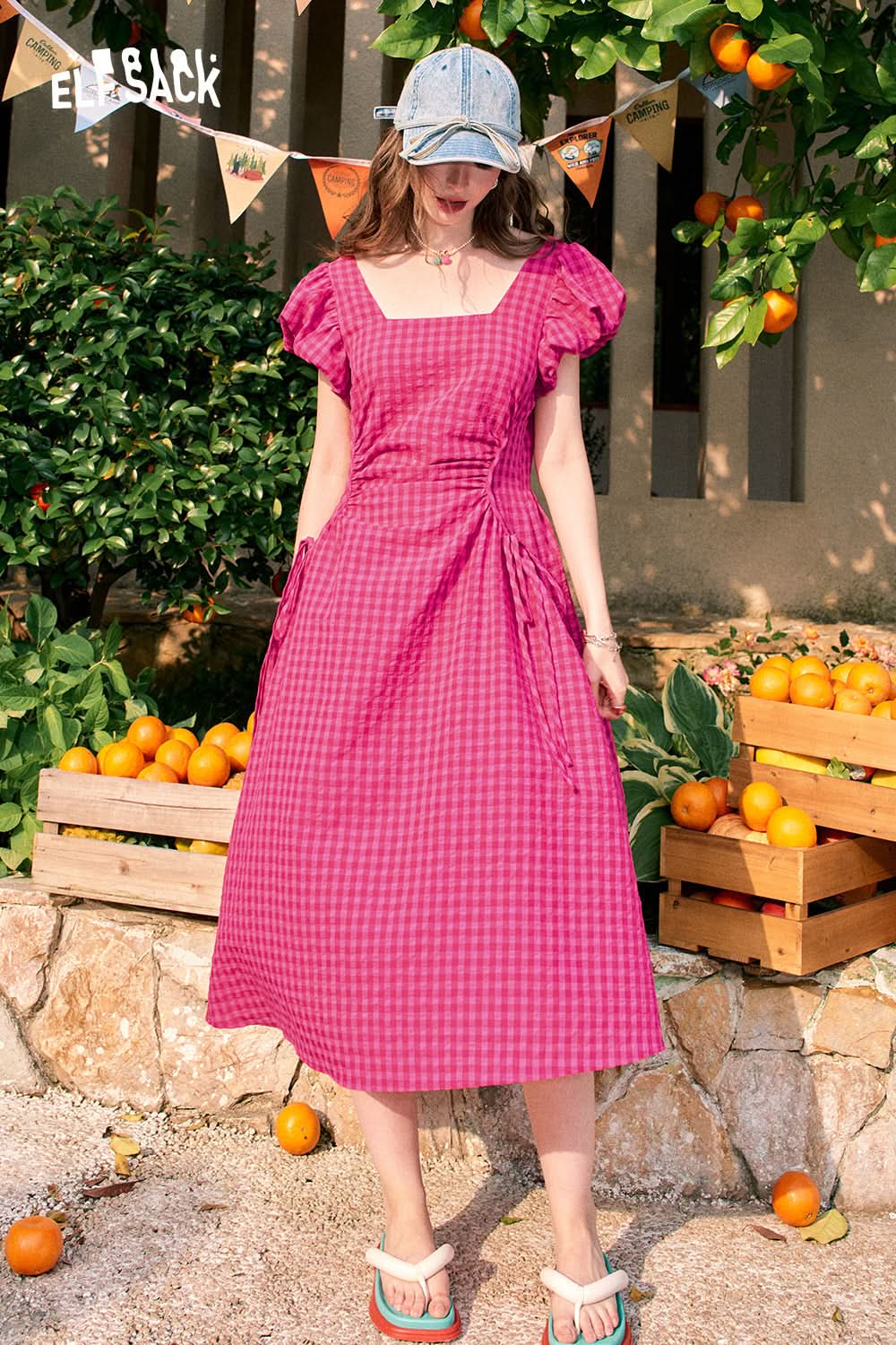 ELFSACK Green French Square Neck Waisted Temperament Plaid Puff Sleeve Dress