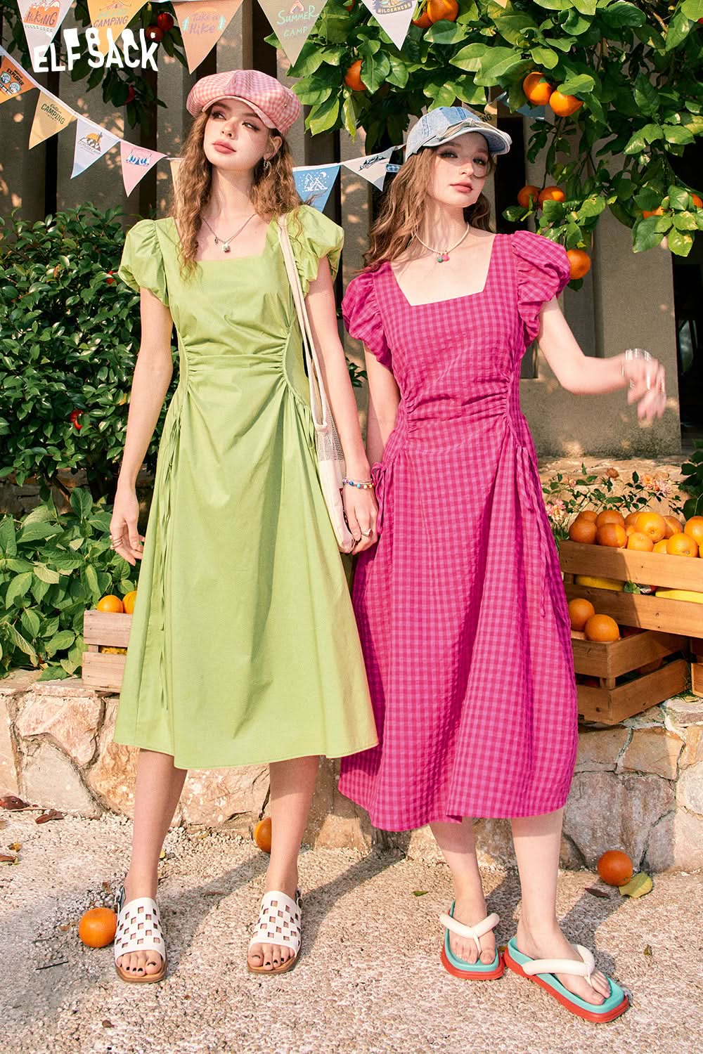 ELFSACK Green French Square Neck Waisted Temperament Plaid Puff Sleeve Dress