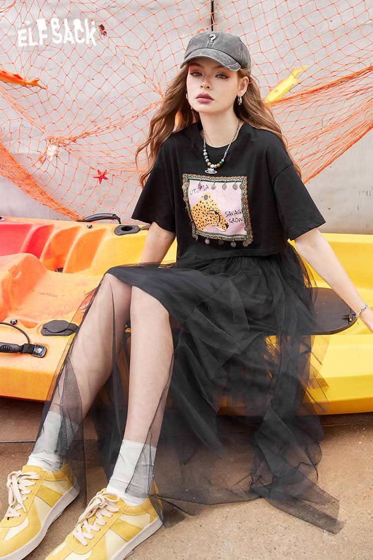 ELFSACK Black printed mesh tulle skirt T-shirt dress two-piece suit