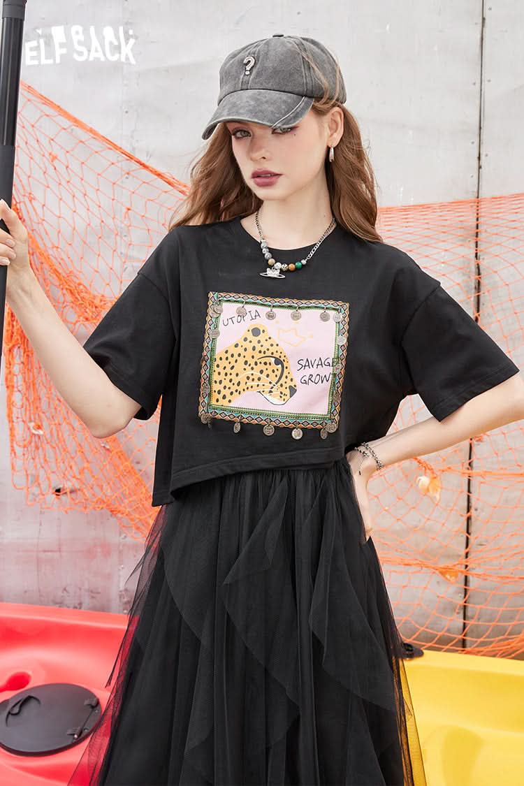 ELFSACK Black printed mesh tulle skirt T-shirt dress two-piece suit