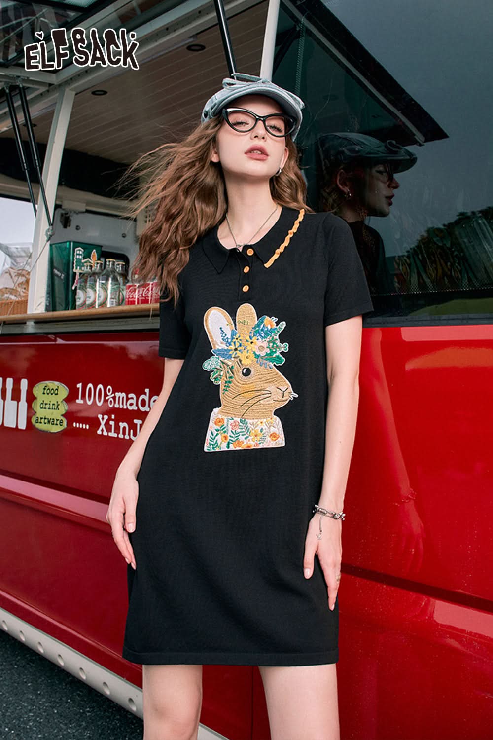 ELFSACK Polo collar cute rabbit print t-shirt dress