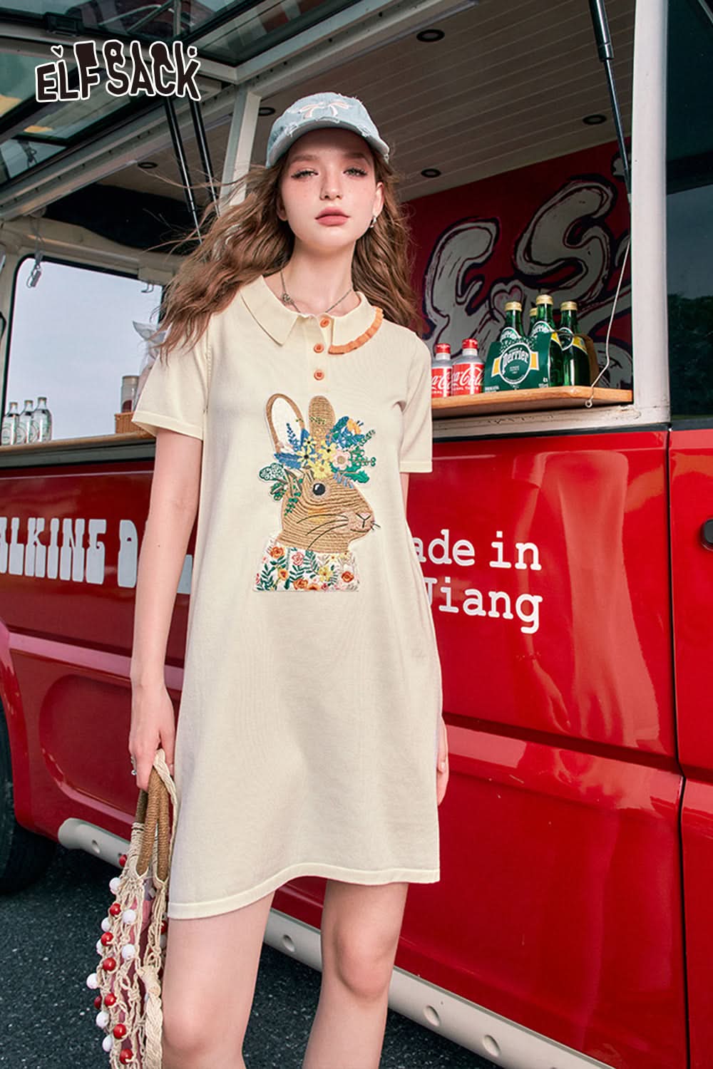 ELFSACK Polo collar cute rabbit print t-shirt dress