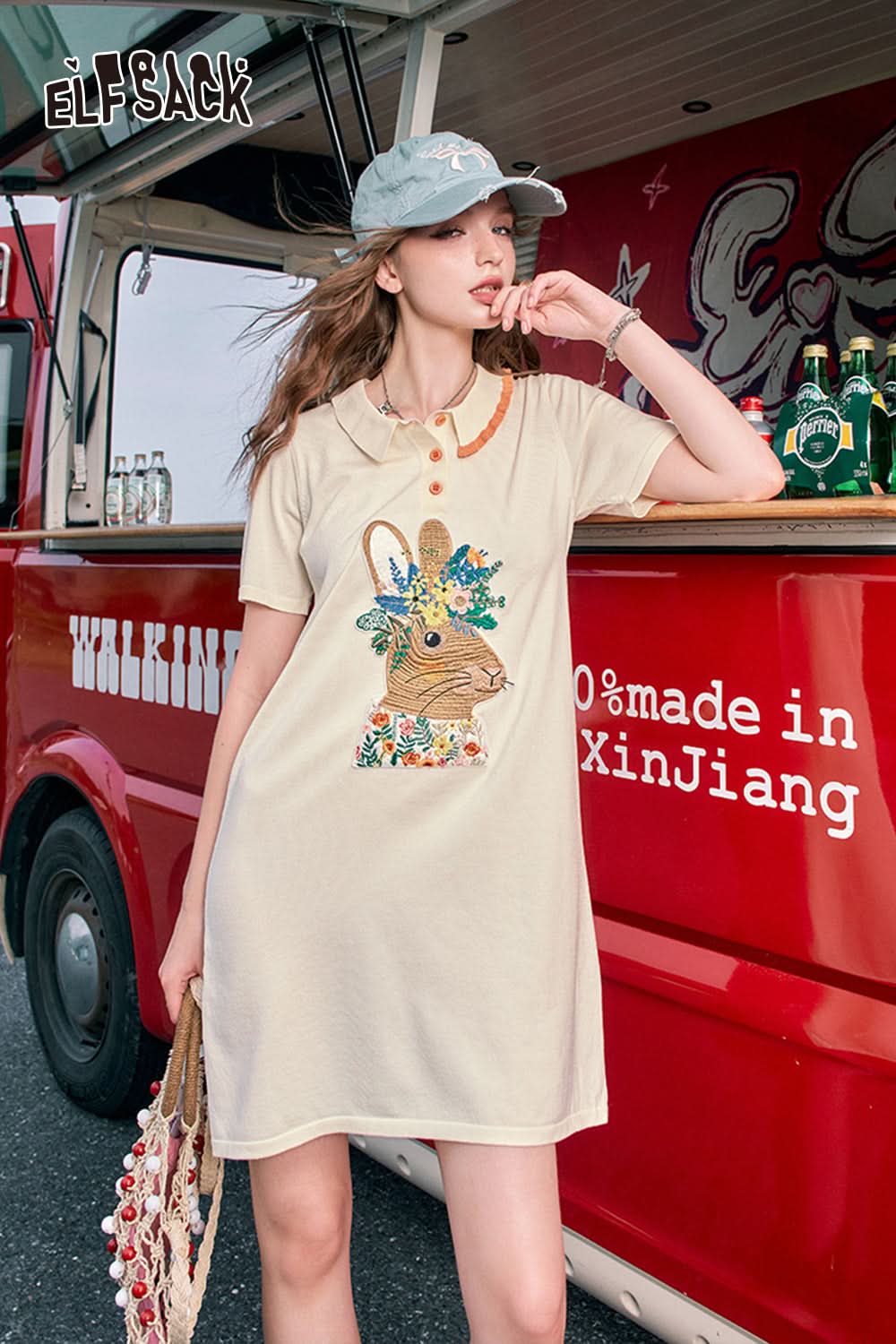 ELFSACK Polo collar cute rabbit print t-shirt dress