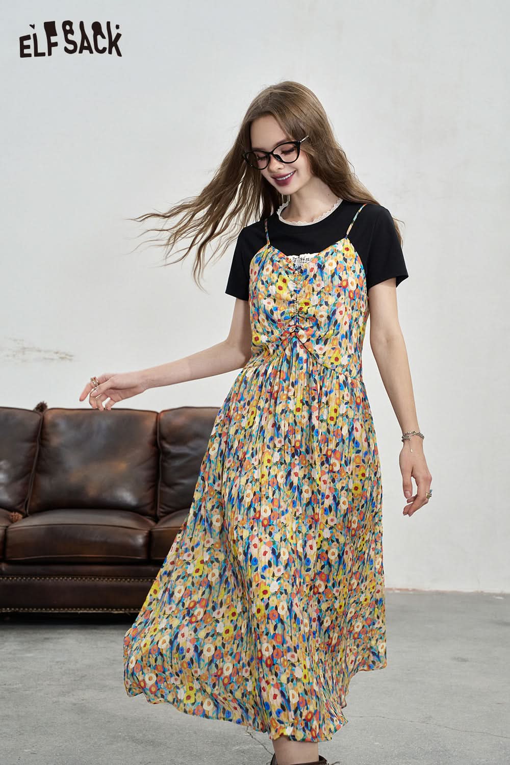 ELFSACK Retro floral camisole dress Temperament vacation style dress