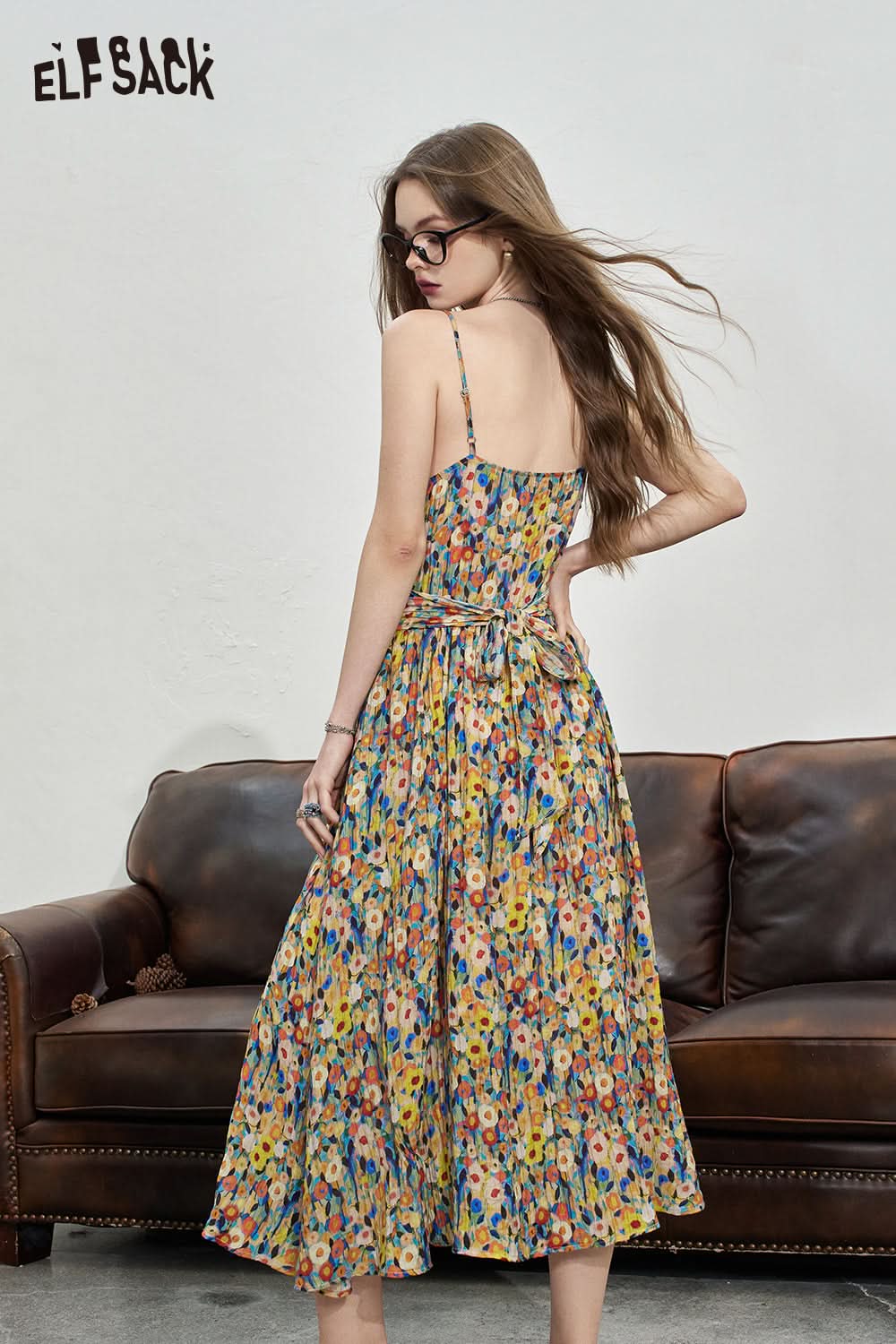 ELFSACK Retro floral camisole dress Temperament vacation style dress
