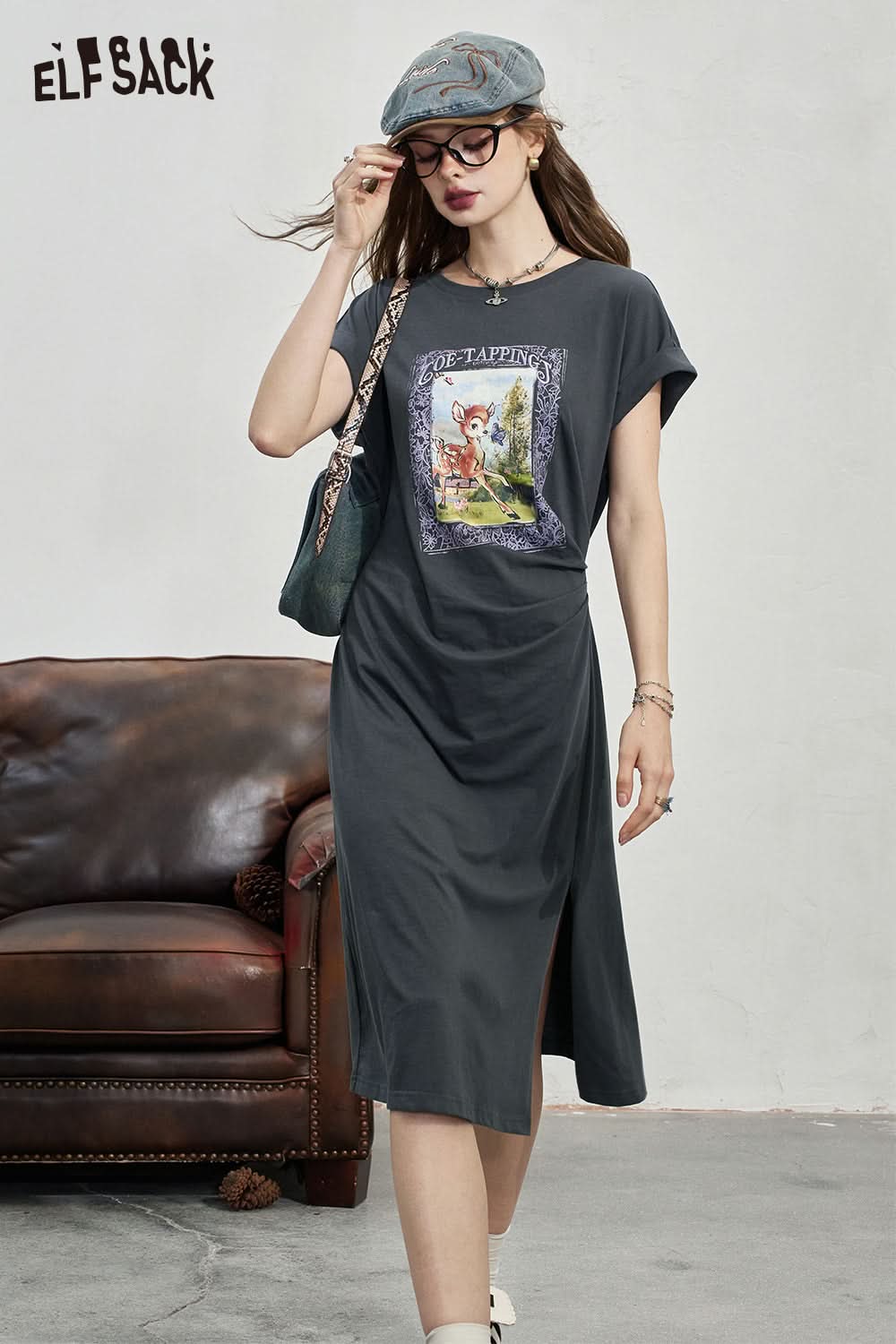 ELFSACK Casual printed t-shirt dress Falling shoulder slit mid length skirt