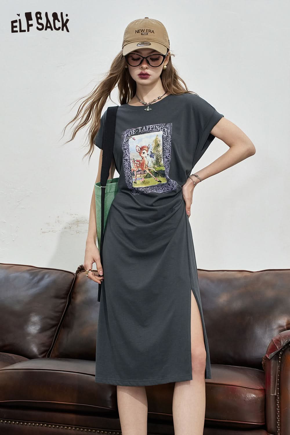 ELFSACK Casual printed t-shirt dress Falling shoulder slit mid length skirt