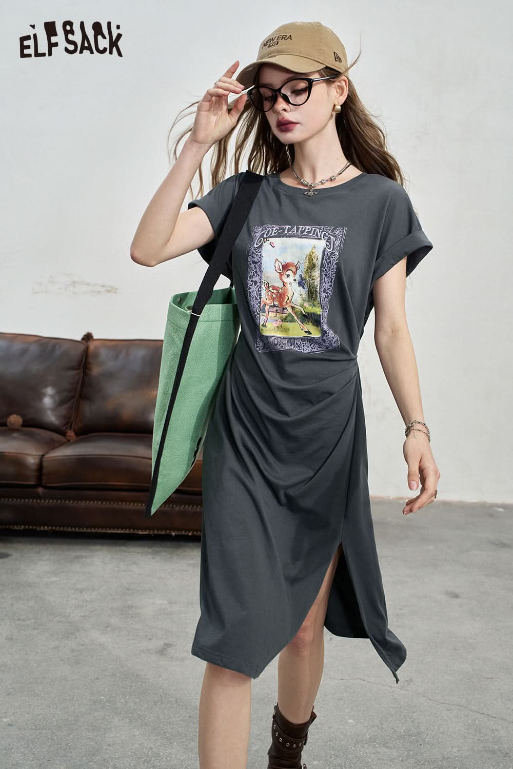 ELFSACK Casual printed t-shirt dress Falling shoulder slit mid length skirt