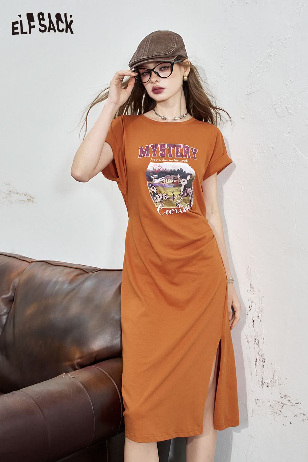 ELFSACK Casual printed t-shirt dress Falling shoulder slit mid length skirt