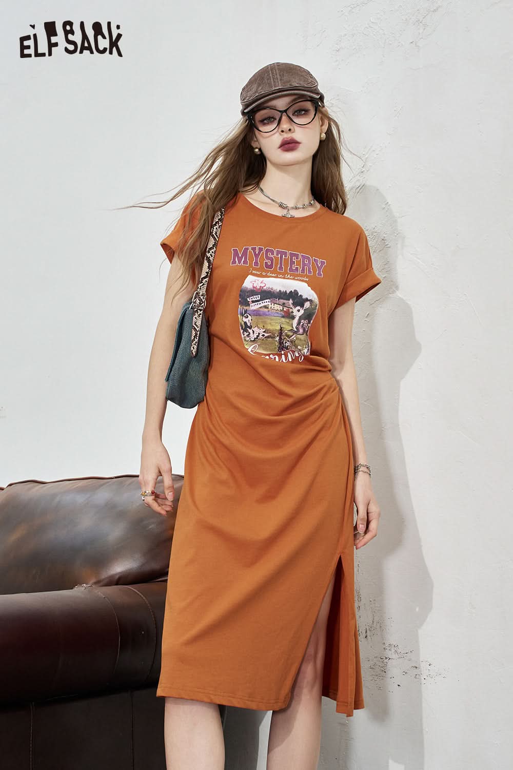 ELFSACK Casual printed t-shirt dress Falling shoulder slit mid length skirt