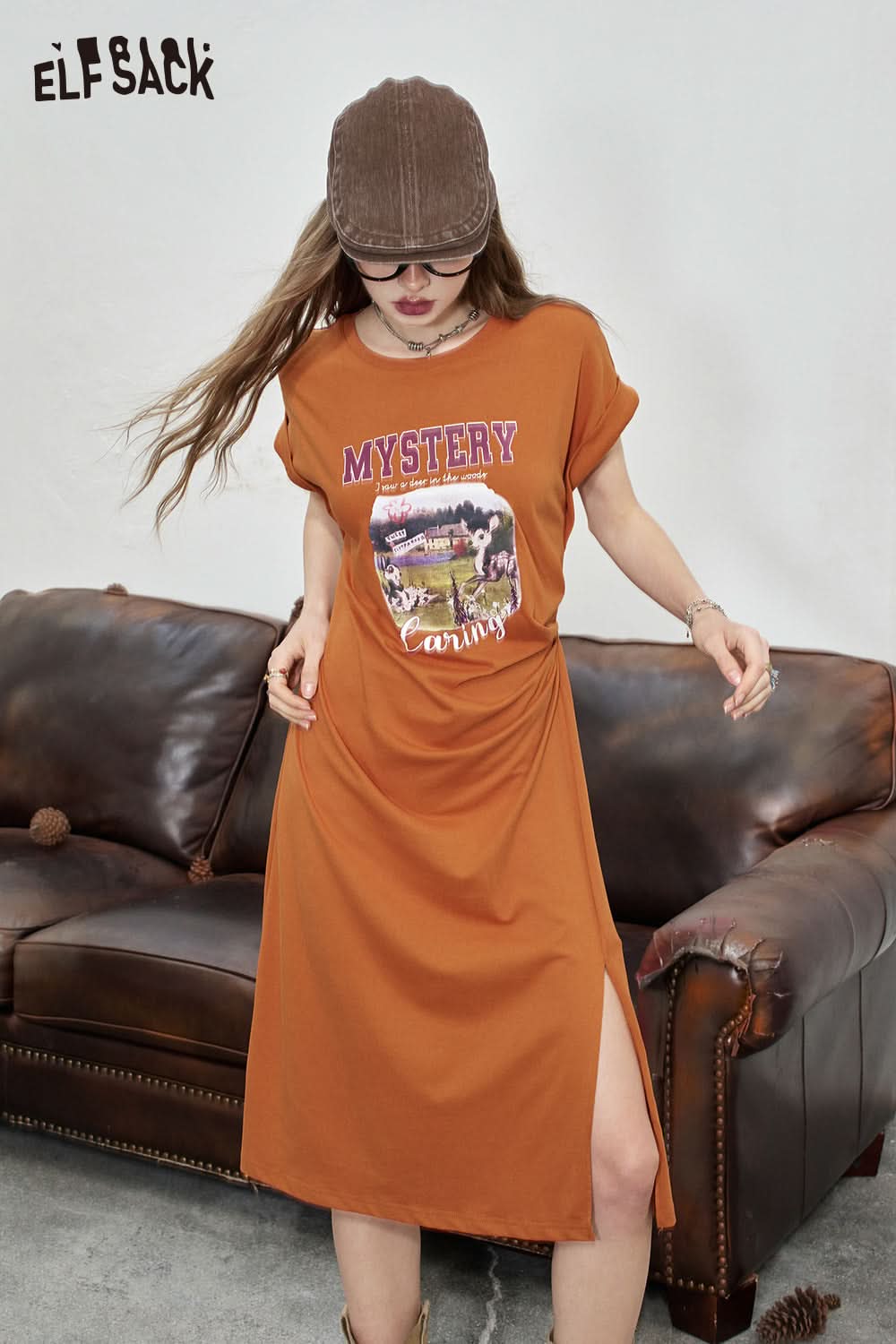 ELFSACK Casual printed t-shirt dress Falling shoulder slit mid length skirt