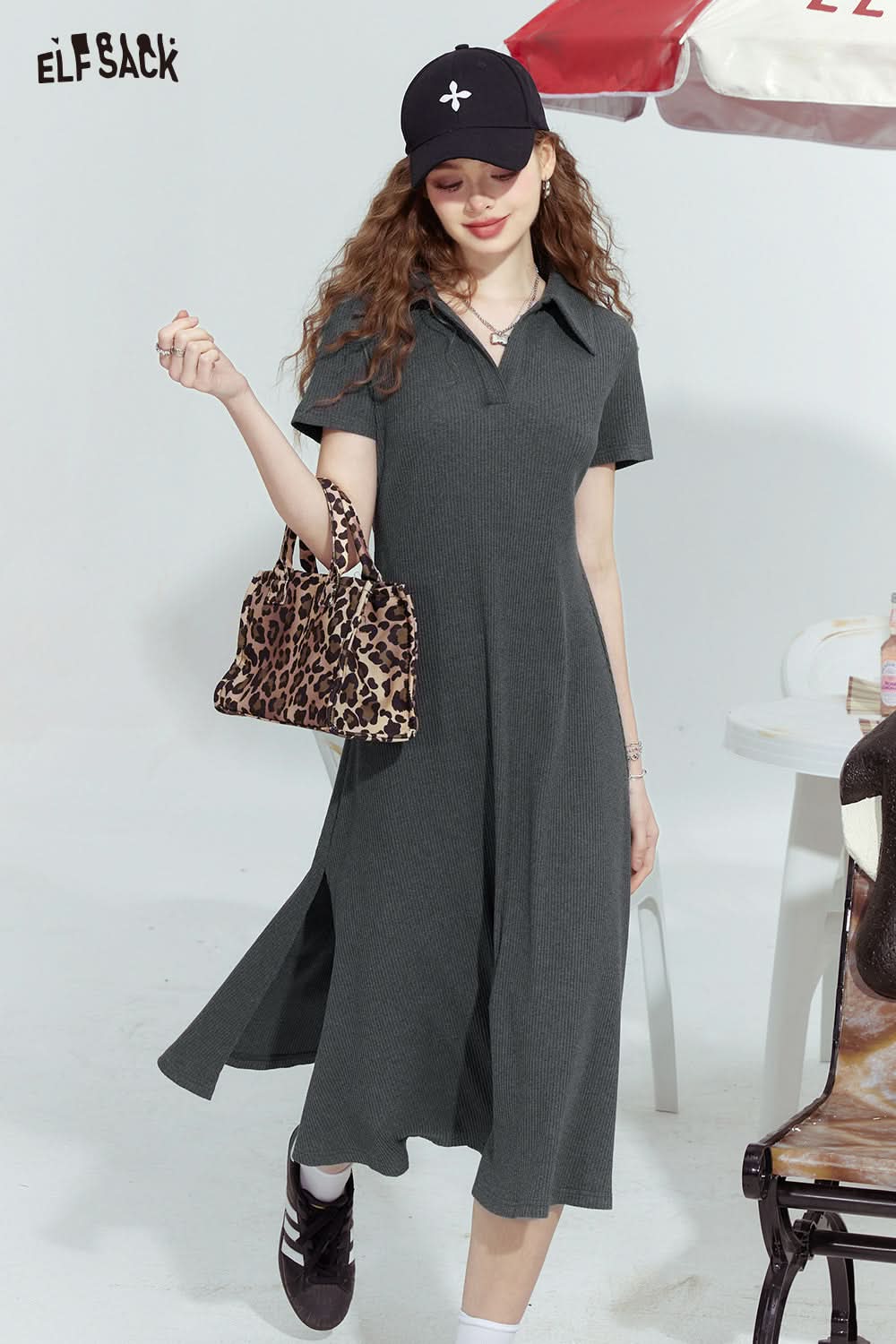 ELFSACK Polo collar T-shirt slim fit temperament monochrome dress for woman