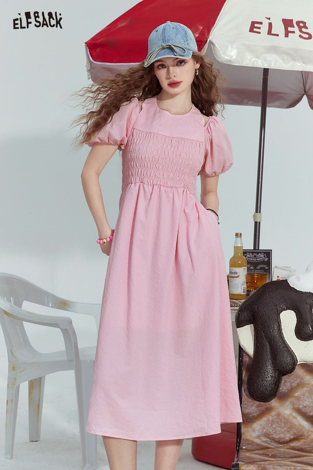 ELFSACK French style halterneck off-shoulder slim fit pleated sleeve dress for woman