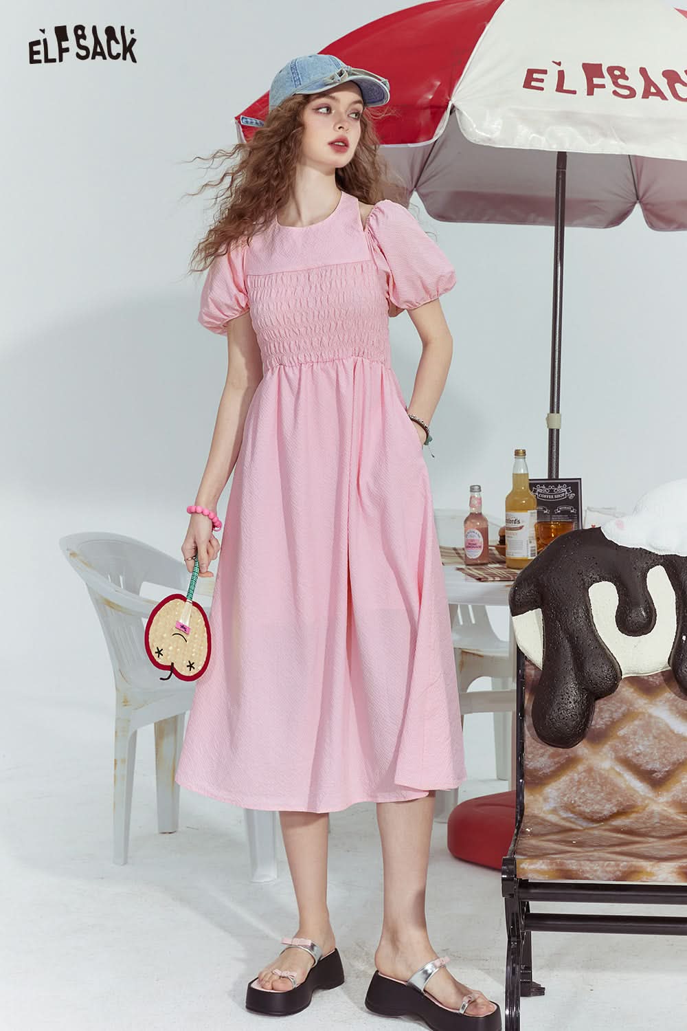 ELFSACK French style halterneck off-shoulder slim fit pleated sleeve dress for woman