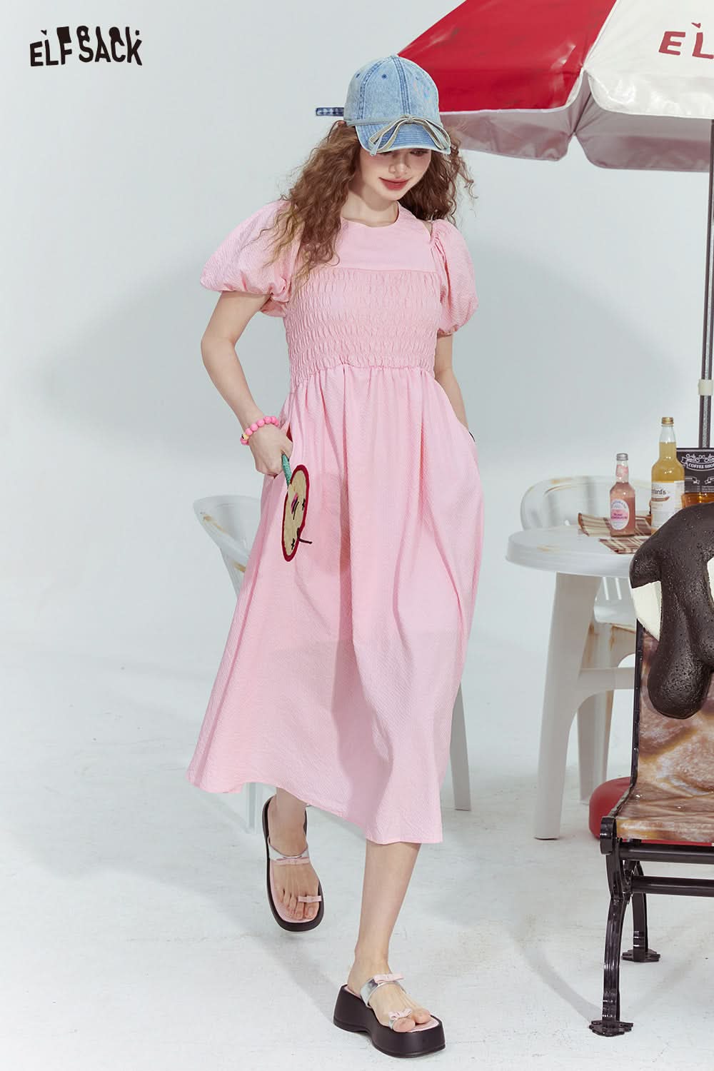 ELFSACK French style halterneck off-shoulder slim fit pleated sleeve dress for woman