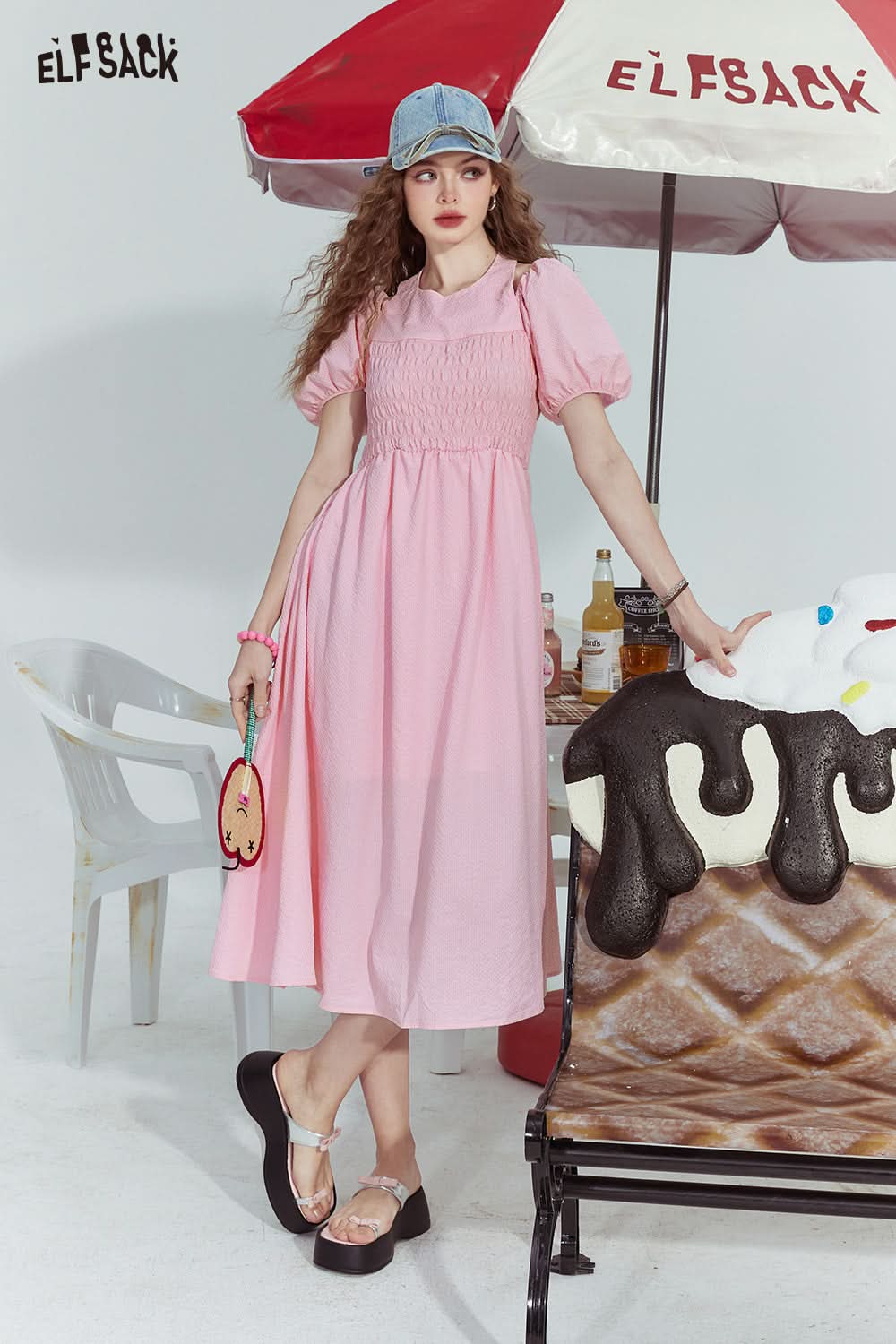 ELFSACK French style halterneck off-shoulder slim fit pleated sleeve dress for woman