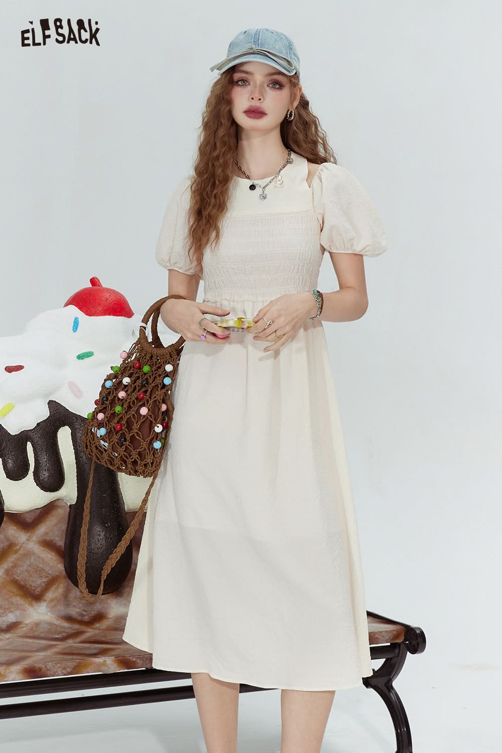 ELFSACK French style halterneck off-shoulder slim fit pleated sleeve dress for woman