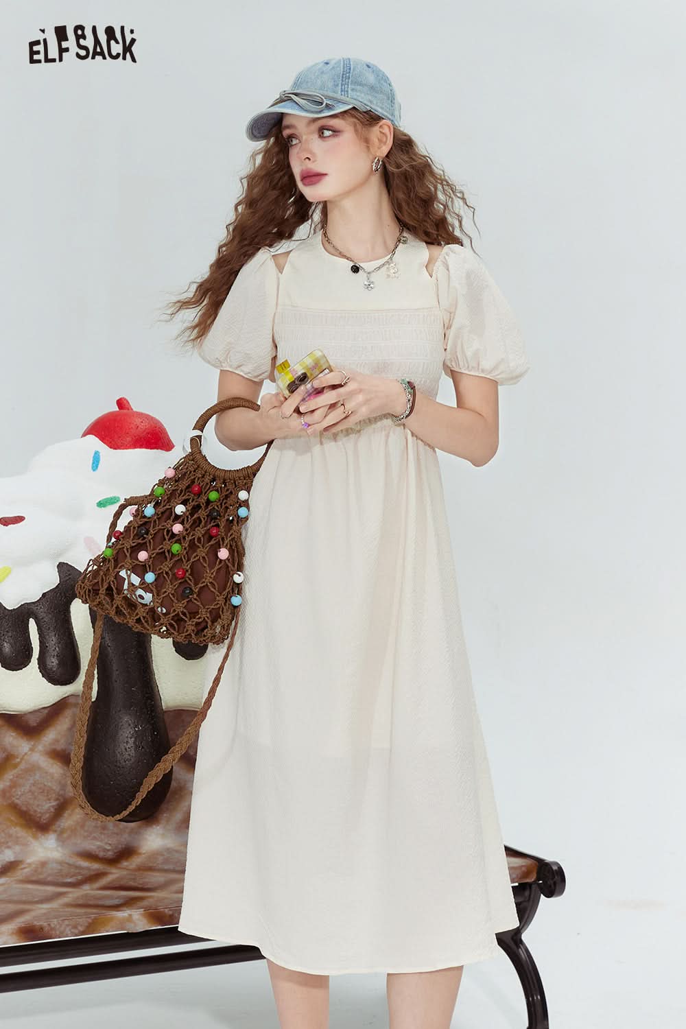 ELFSACK French style halterneck off-shoulder slim fit pleated sleeve dress for woman