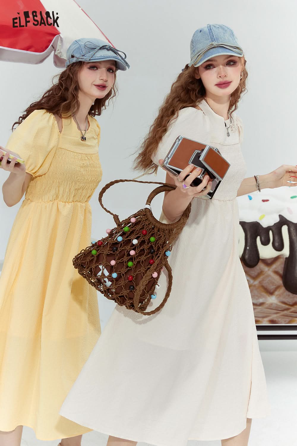 ELFSACK French style halterneck off-shoulder slim fit pleated sleeve dress for woman