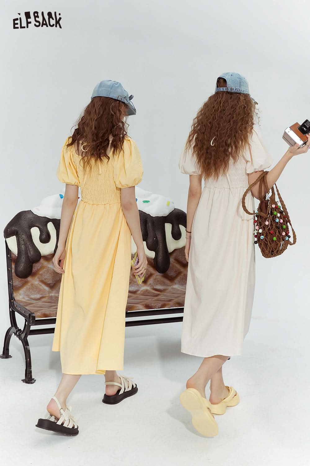 ELFSACK French style halterneck off-shoulder slim fit pleated sleeve dress for woman