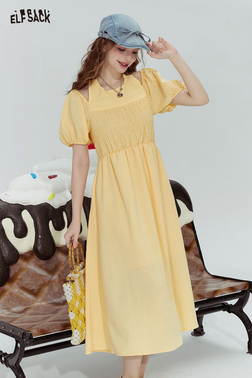 ELFSACK French style halterneck off-shoulder slim fit pleated sleeve dress for woman