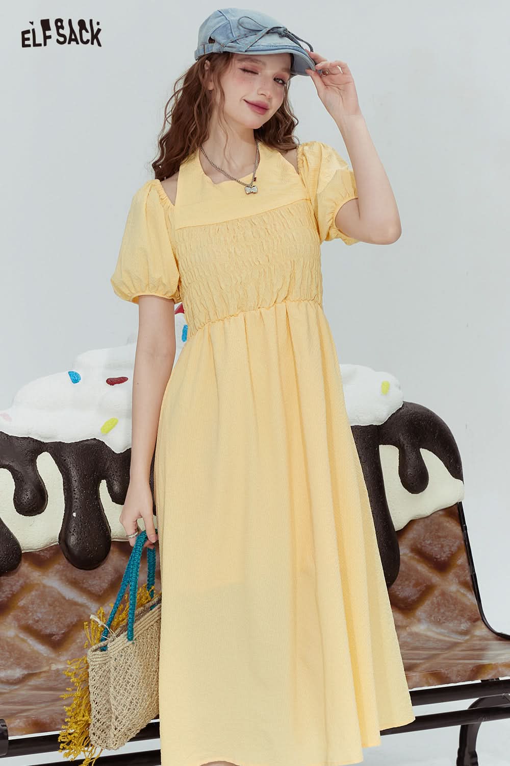 ELFSACK French style halterneck off-shoulder slim fit pleated sleeve dress for woman