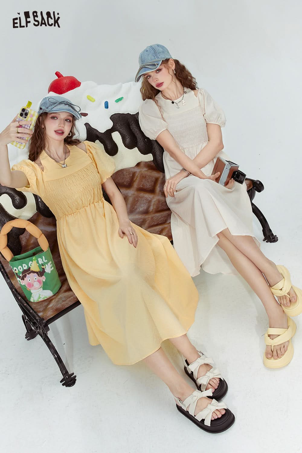 ELFSACK French style halterneck off-shoulder slim fit pleated sleeve dress for woman