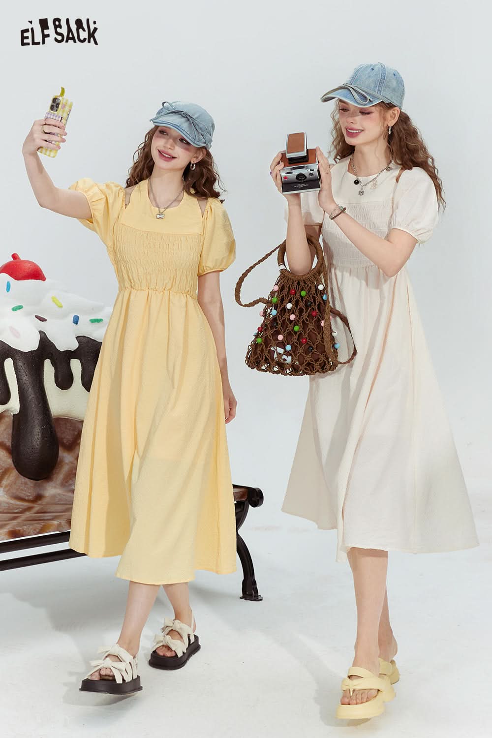 ELFSACK French style halterneck off-shoulder slim fit pleated sleeve dress for woman