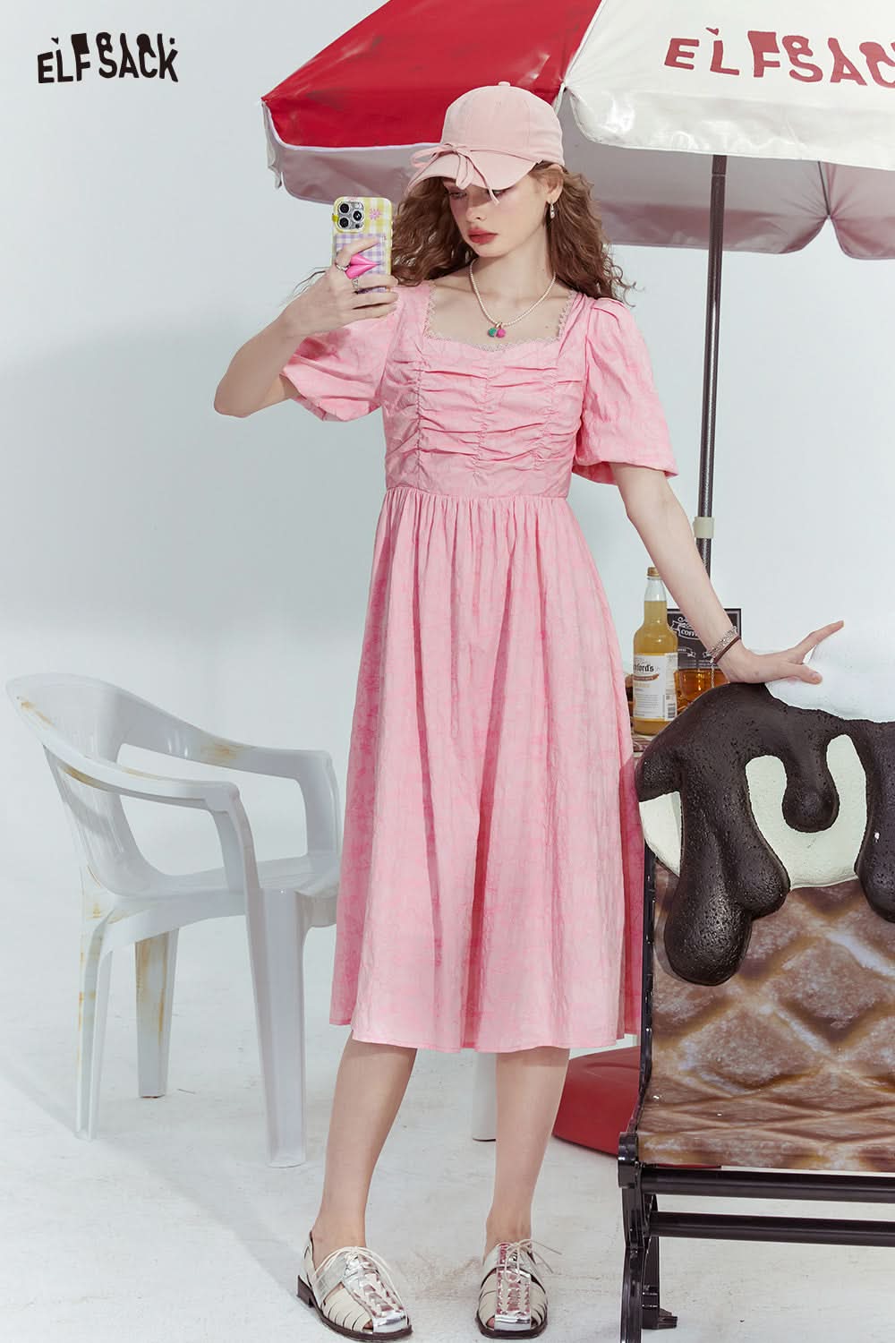 ELFSACK Dopamine French puff sleeve square neck slim solid color skirt for woman