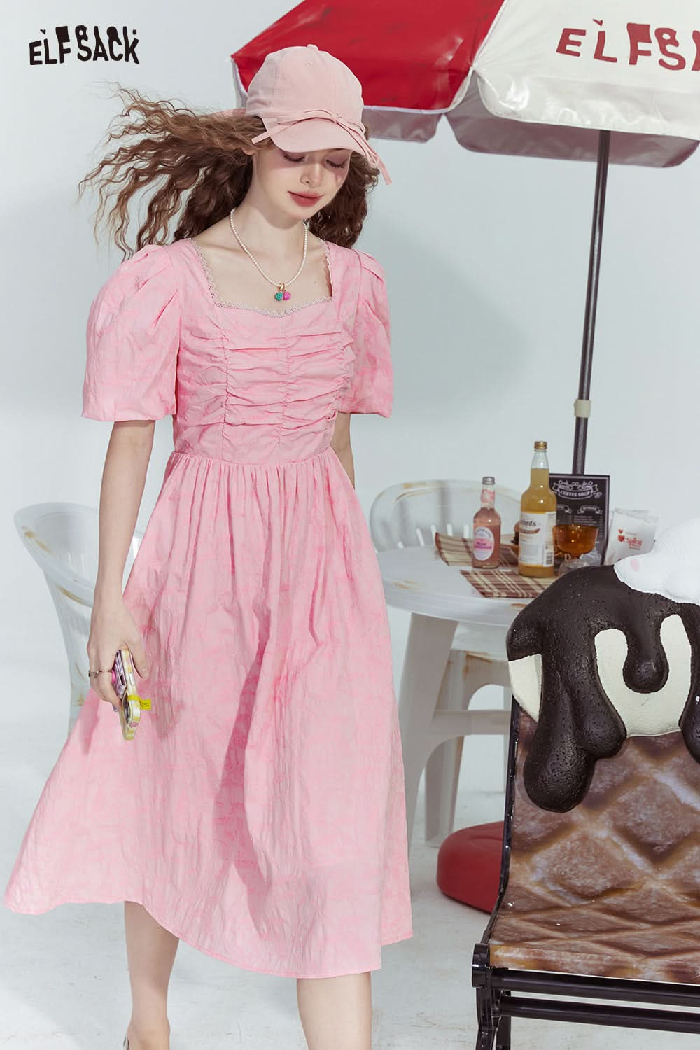 ELFSACK Dopamine French puff sleeve square neck slim solid color skirt for woman