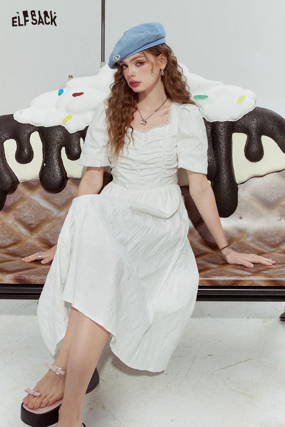 ELFSACK Dopamine French puff sleeve square neck slim solid color skirt for woman