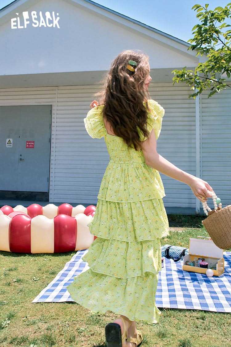 ELFSACK Ruffled gentle style green chiffon floral holiday style cake dress for wommen