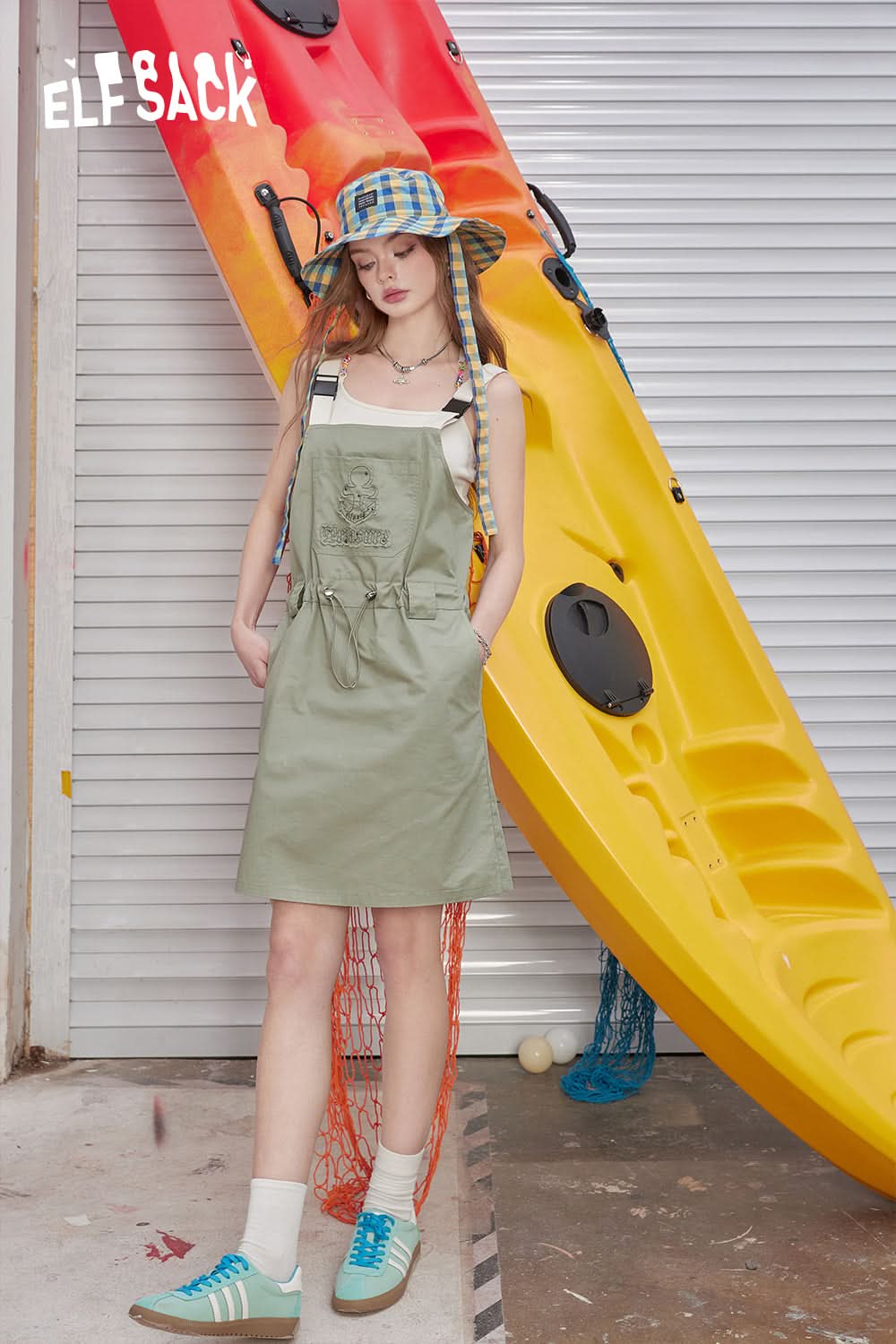 ELFSACK Work style casual shoulder strap dress with loose drawstring