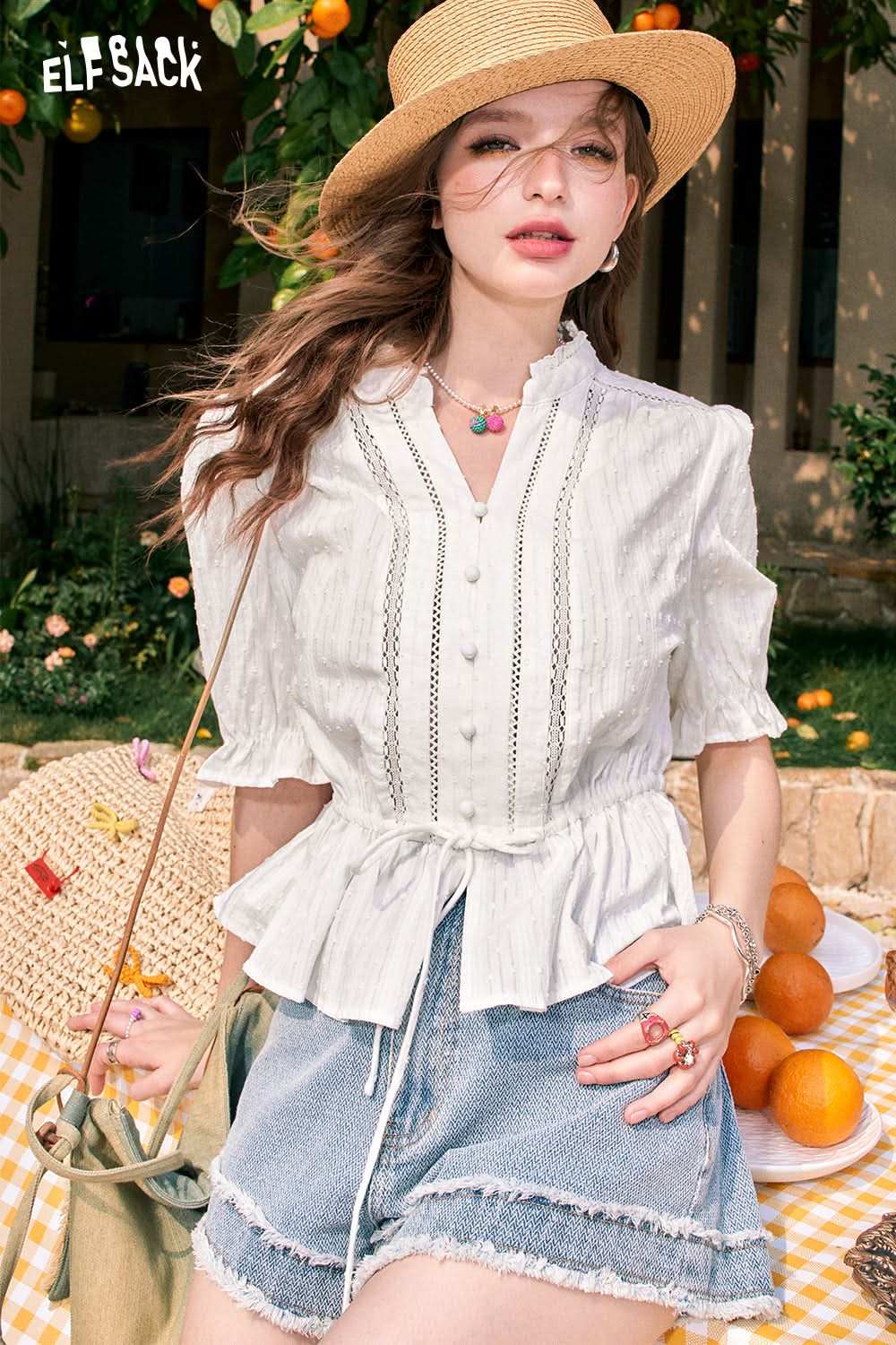 ELFSACK French hollow belt waist stand collar unique temperament white shirt