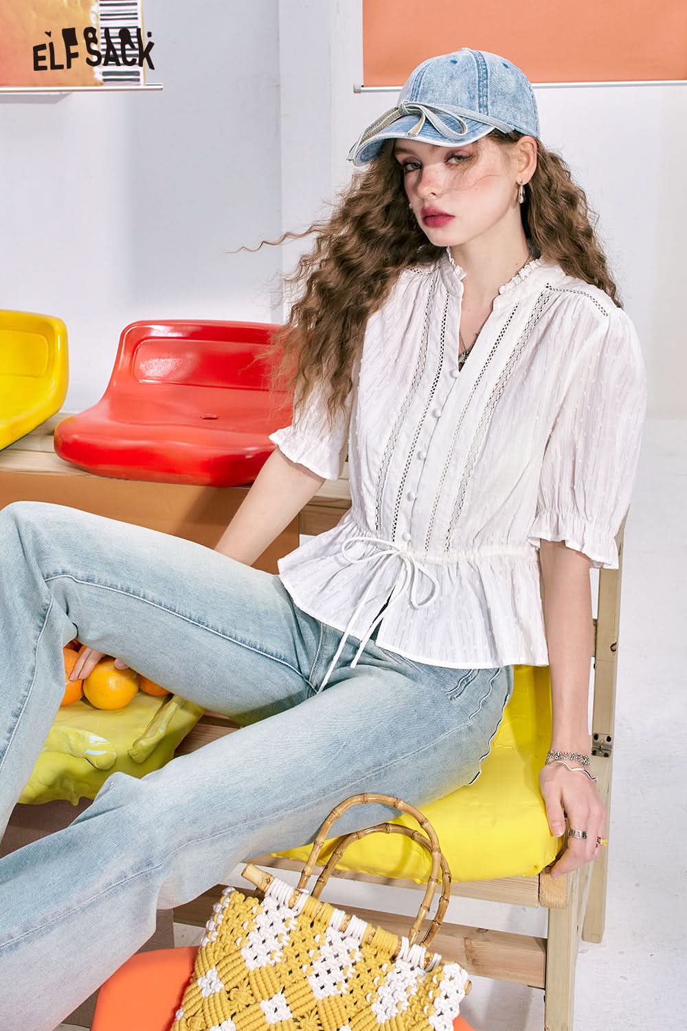 ELFSACK French hollow belt waist stand collar unique temperament white shirt