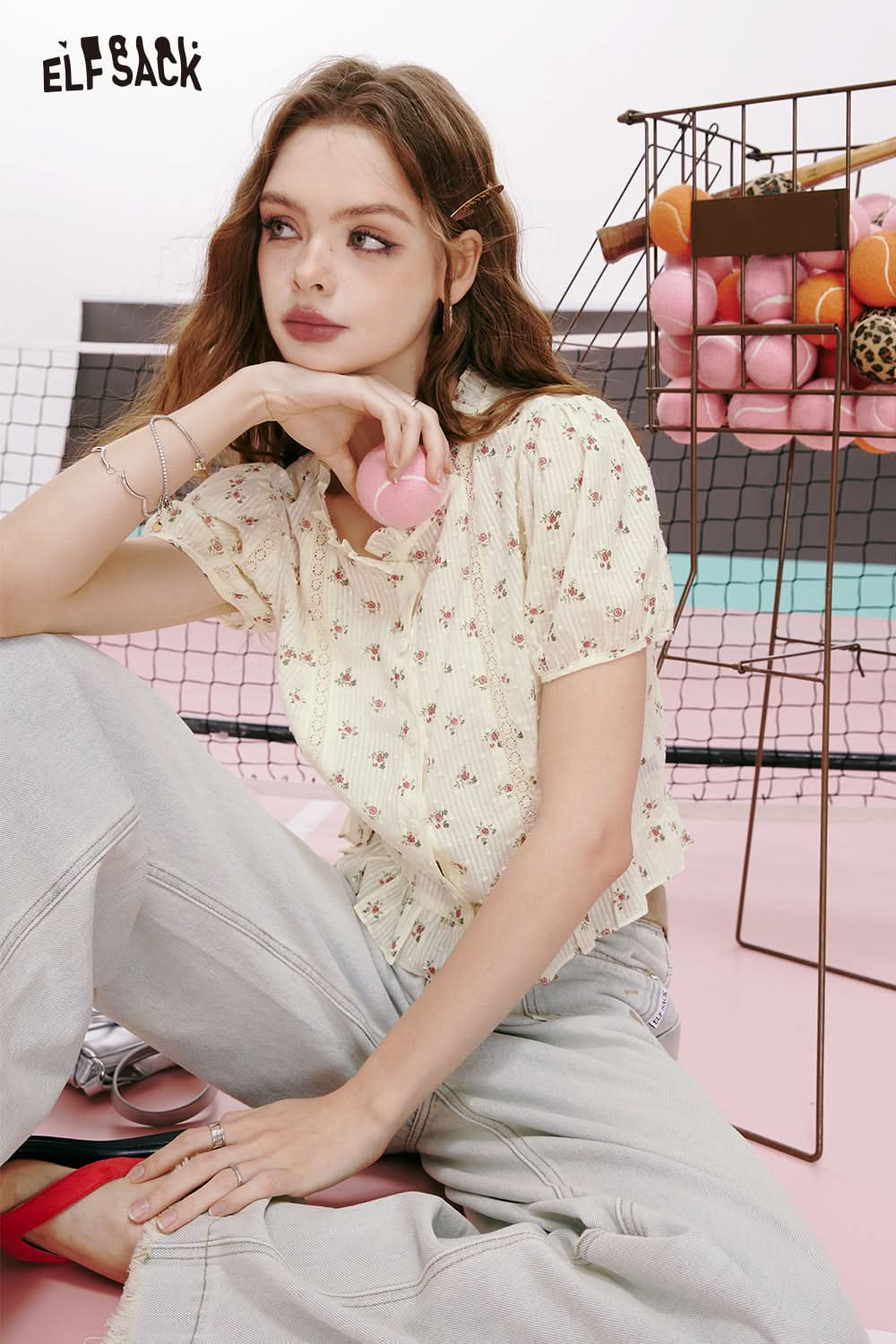 ELFSACK French lace print gentle style round neck puff sleeve temperament short sleeve shirt