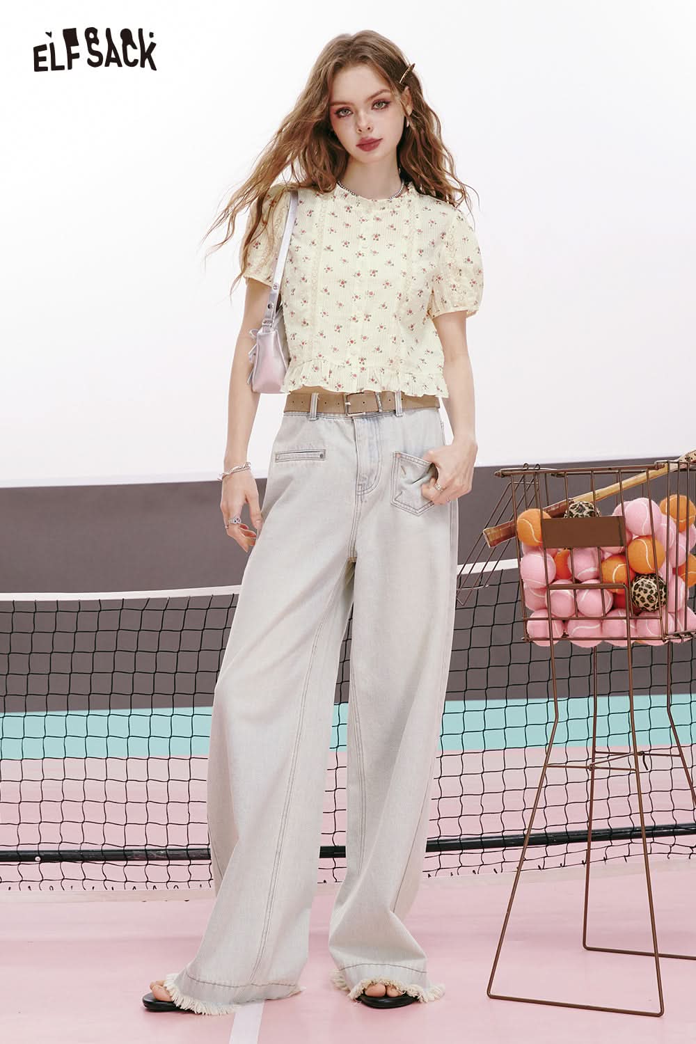ELFSACK French lace print gentle style round neck puff sleeve temperament short sleeve shirt