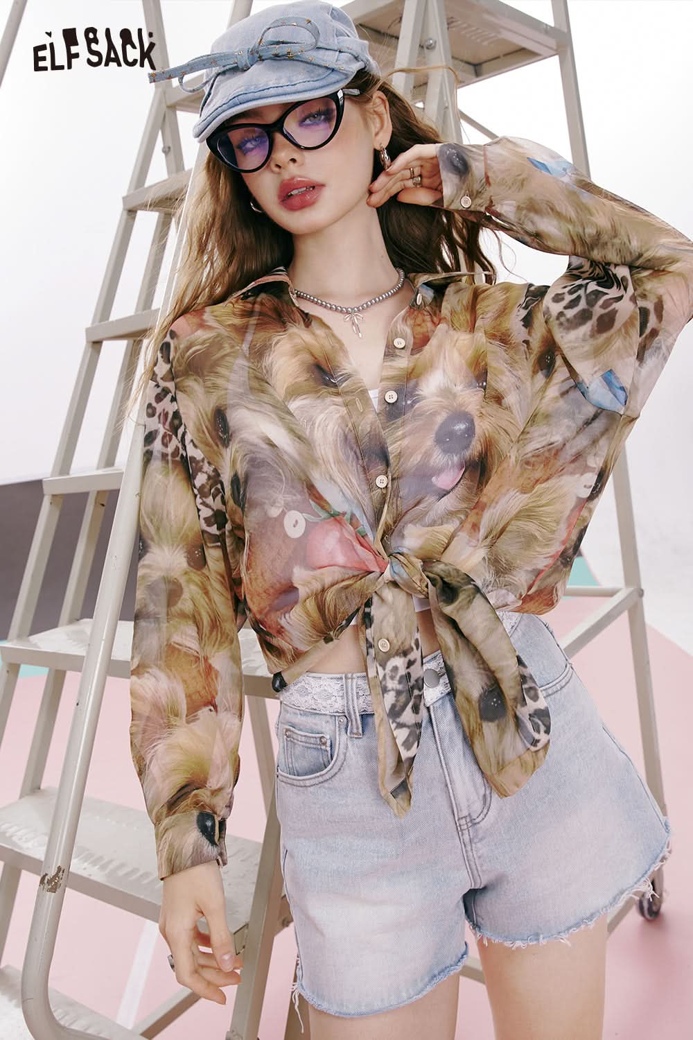 ELFSACK Brown Retro Glossy Puppy Print Loose Chiffon Shirt Thin Shirt