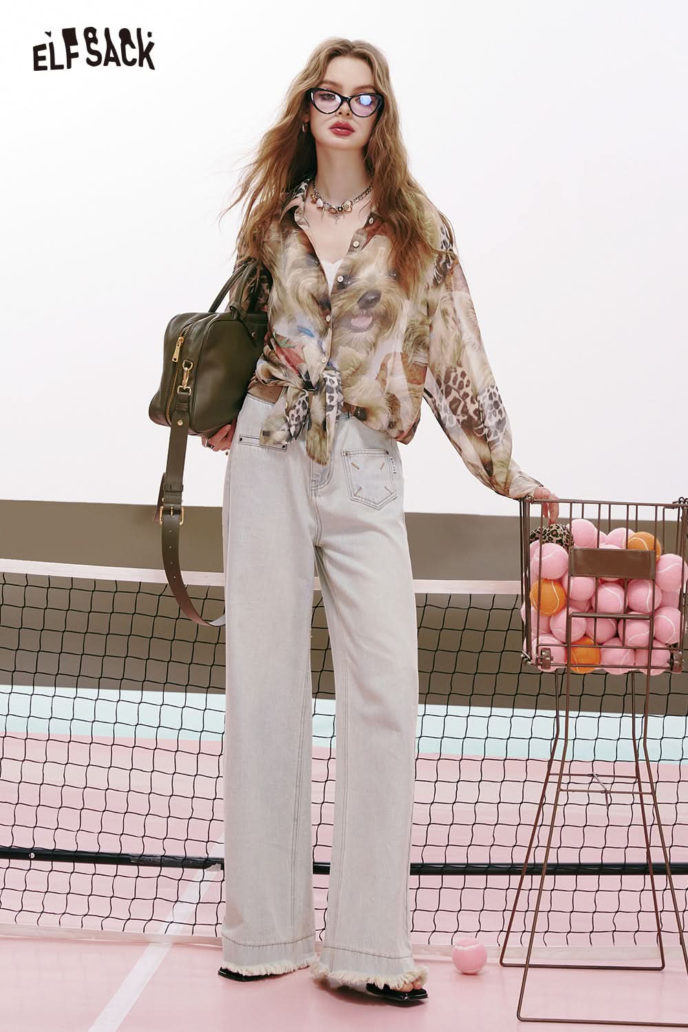 ELFSACK Brown Retro Glossy Puppy Print Loose Chiffon Shirt Thin Shirt