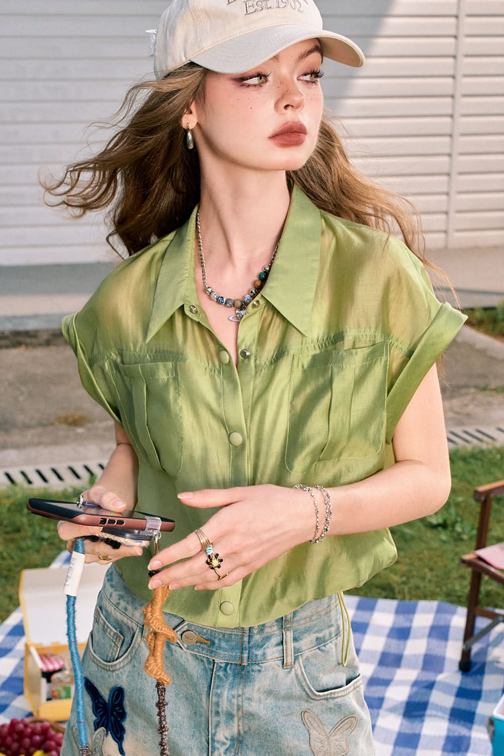 ELFSACK Green lapel imitation tencel fine shimmer commuter all-match workwear short-sleeved shirt