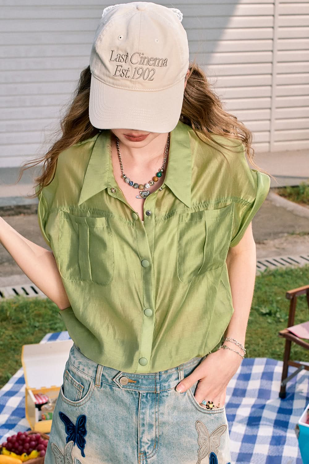 ELFSACK Green lapel imitation tencel fine shimmer commuter all-match workwear short-sleeved shirt