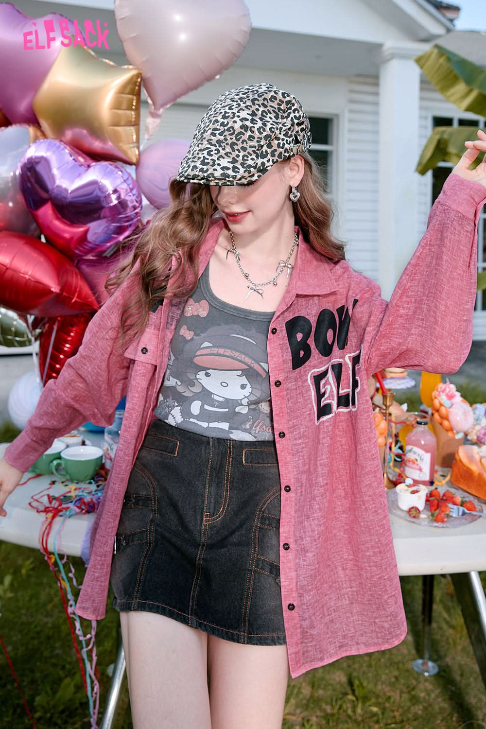 ELFSACK Pink letter print POLO collar design casual style loose thin shirt