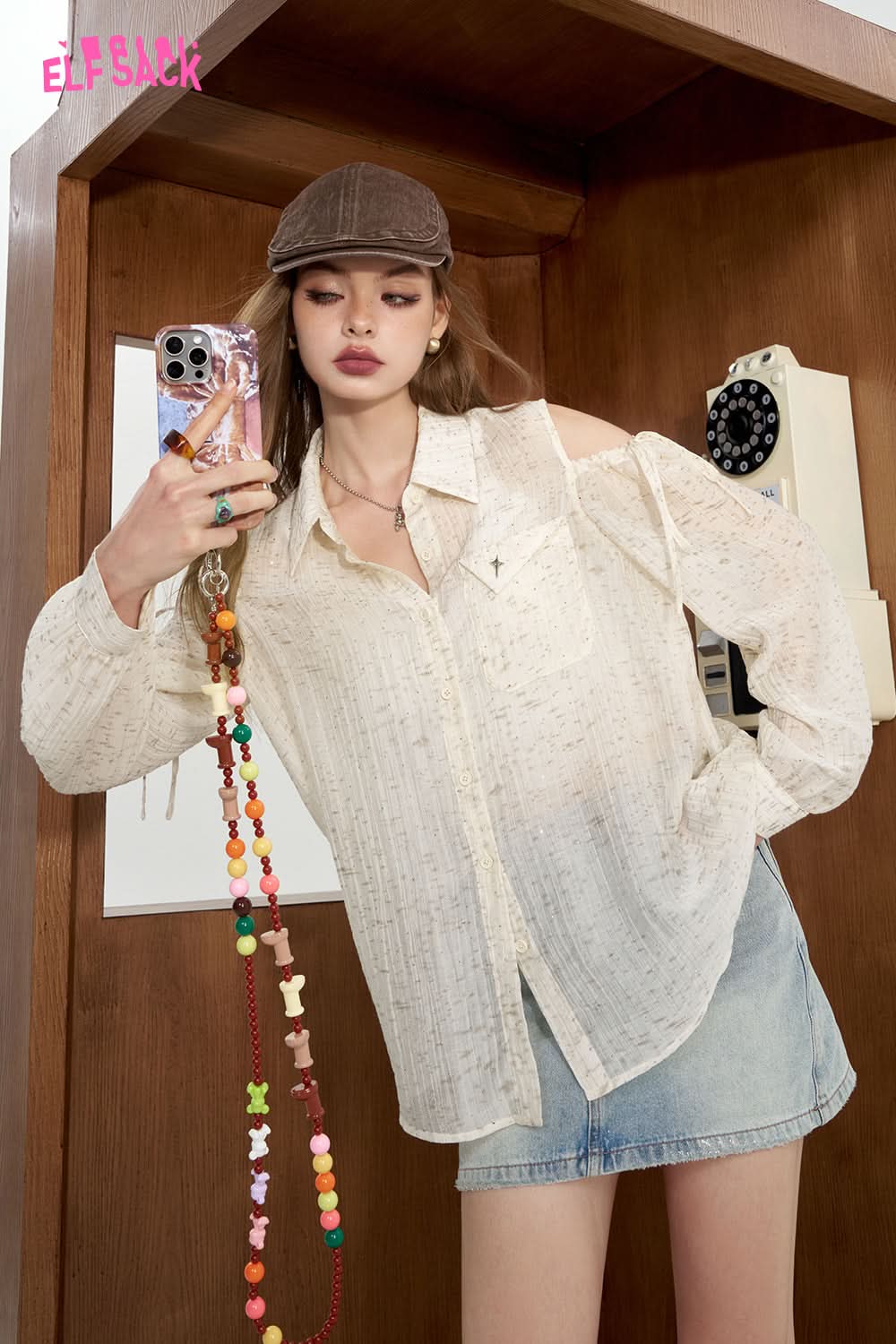 ELFSACK Polka dot chiffon shirt, lightweight off shoulder long sleeved cardigan