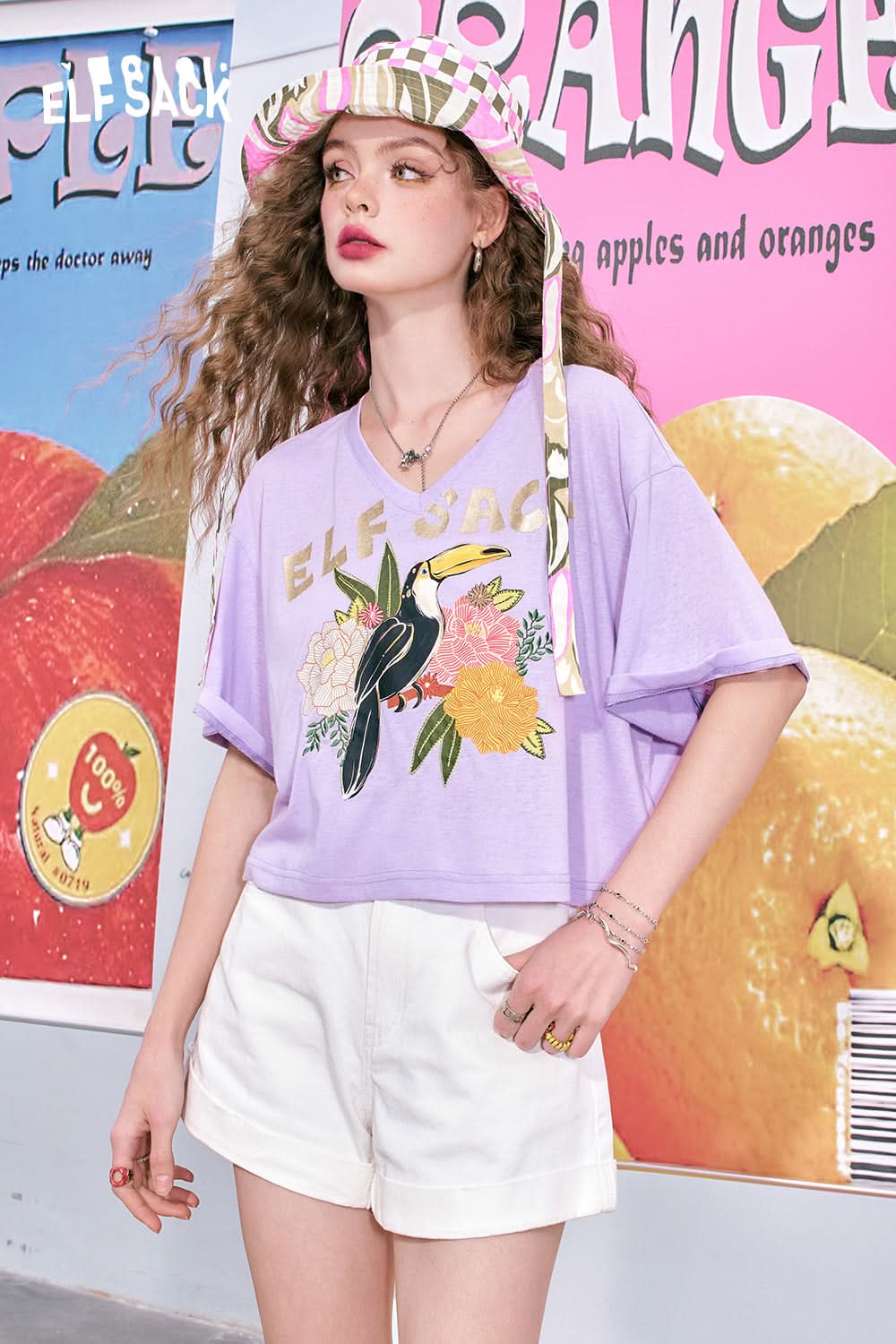 ELFSACK V-neck shiny letter print casual petite short-sleeved T-shirt